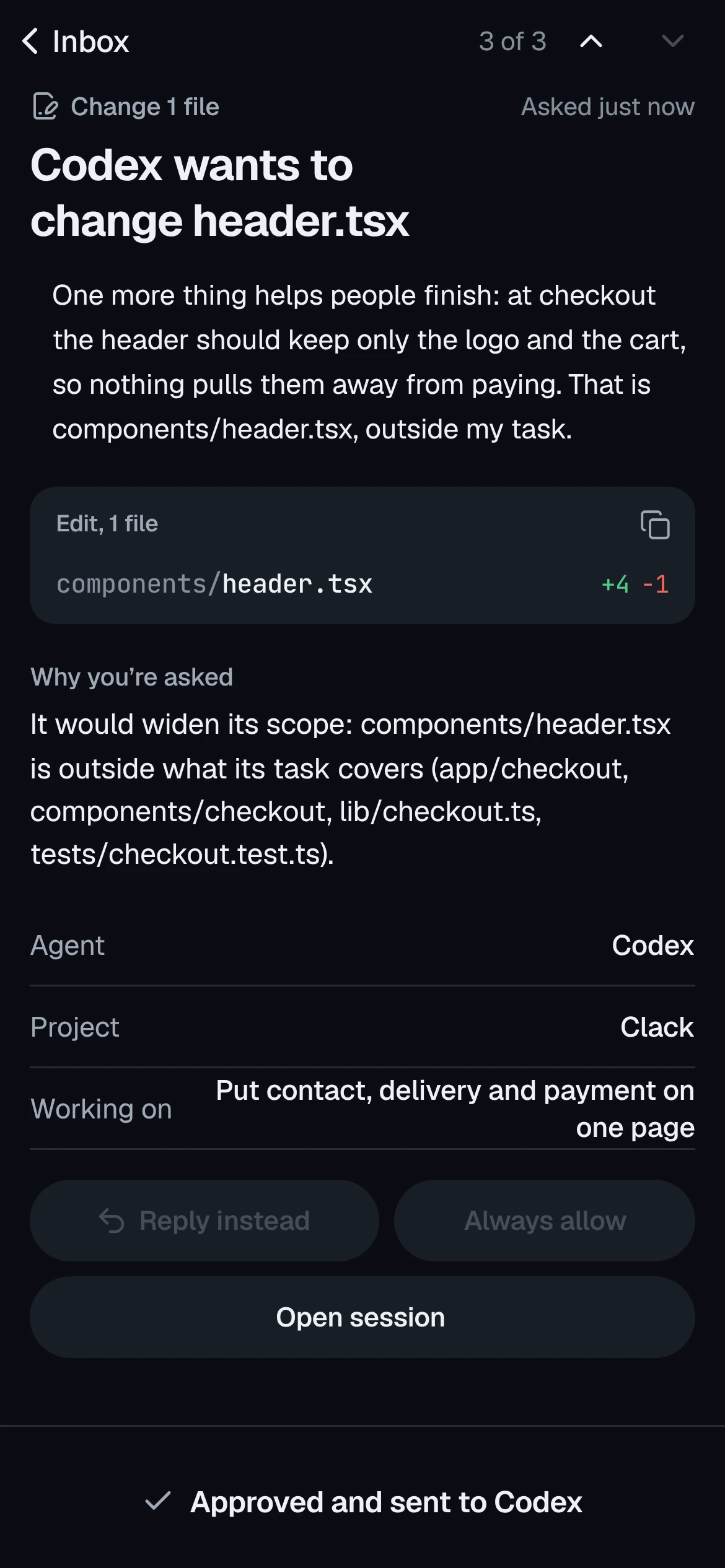The same request approved from the phone, and sent to Codex.