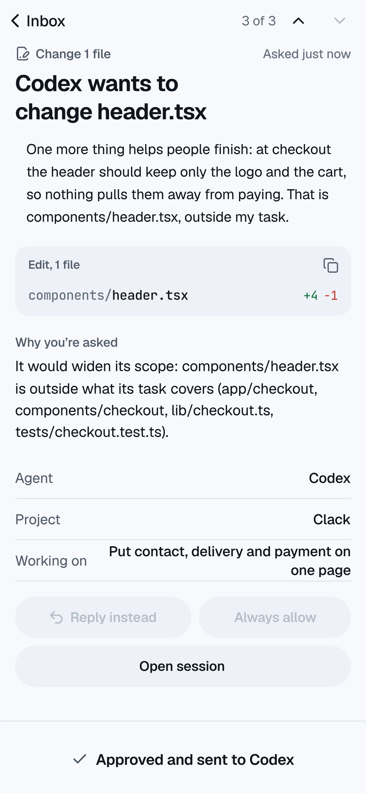 The same request approved from the phone, and sent to Codex.