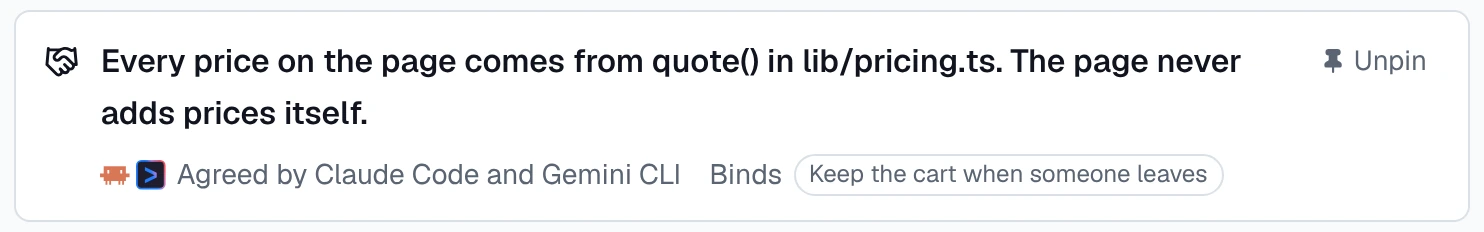 The pinned agreement: every price on the page comes from quote() in lib/pricing.ts, and the page never adds prices itself. Agreed by Claude Code and Gemini CLI.