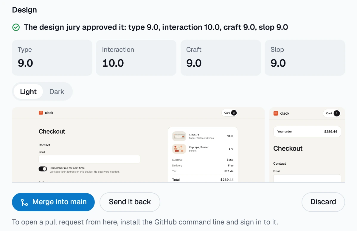 The design jury approved it, with its four scores and its shots of the checkout on the desktop and the phone, then Merge into main, Send it back and Discard.