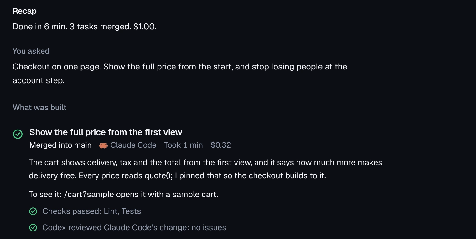 Done in 6 min, 3 tasks merged, $1.00; what you asked; and the first task, merged into main by Claude Code in a minute for $0.32, with its own account of what it built.