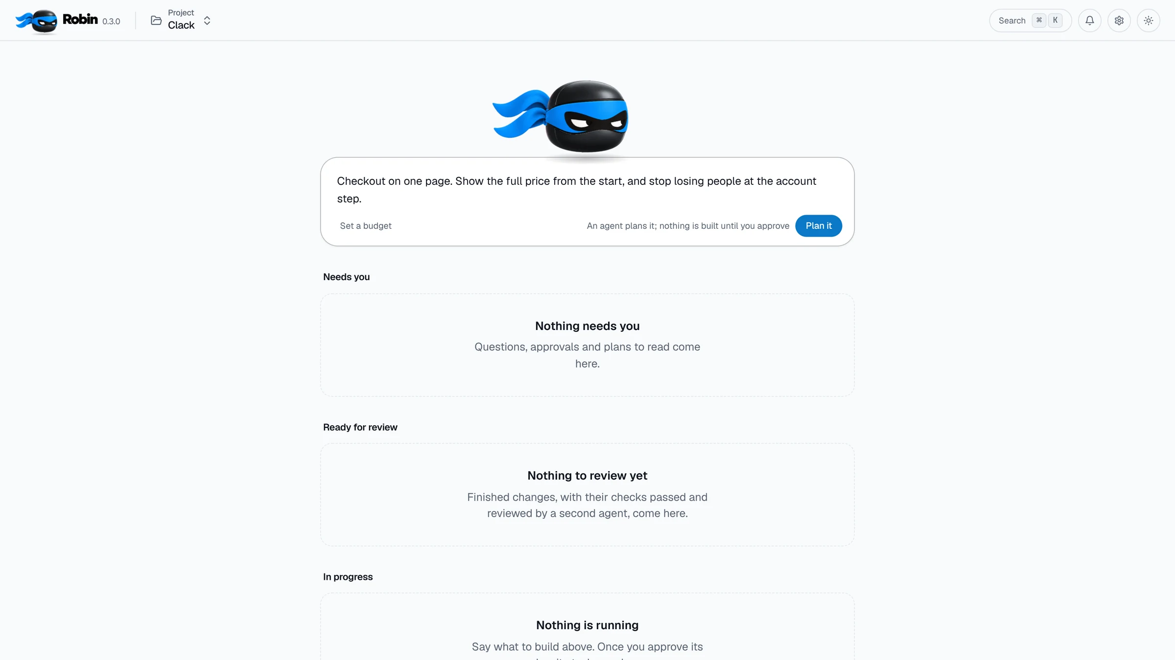 Robin’s home for Clack with nothing planned yet: Robin above the goal field, and a goal typed in, checkout on one page, the full price from the start, and no more losing people at the account step.
