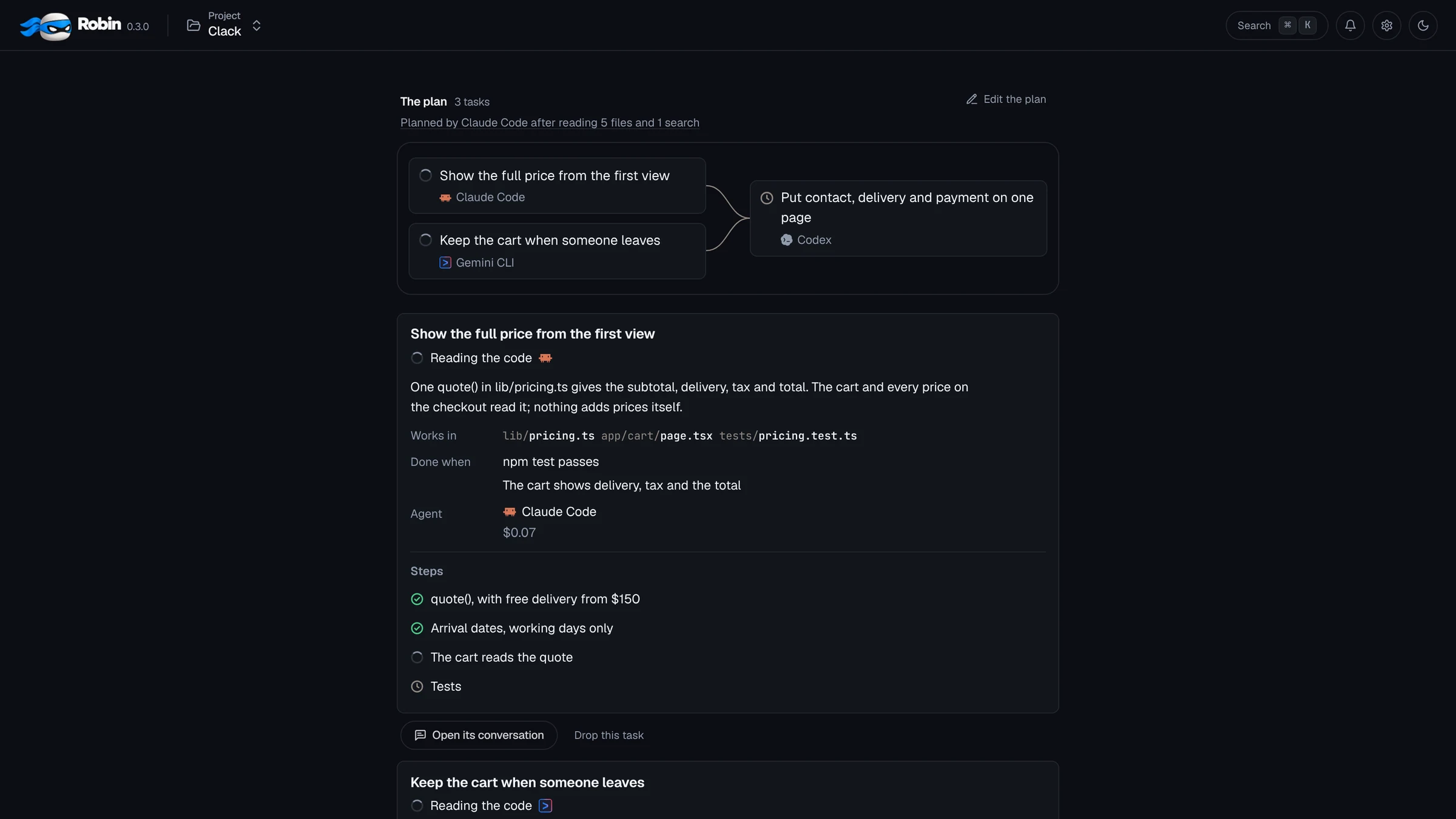 Checkout on one page at work: Claude Code and Gemini CLI on their tasks while Codex’s waits for them, and the first task reading the code, two of its steps done.