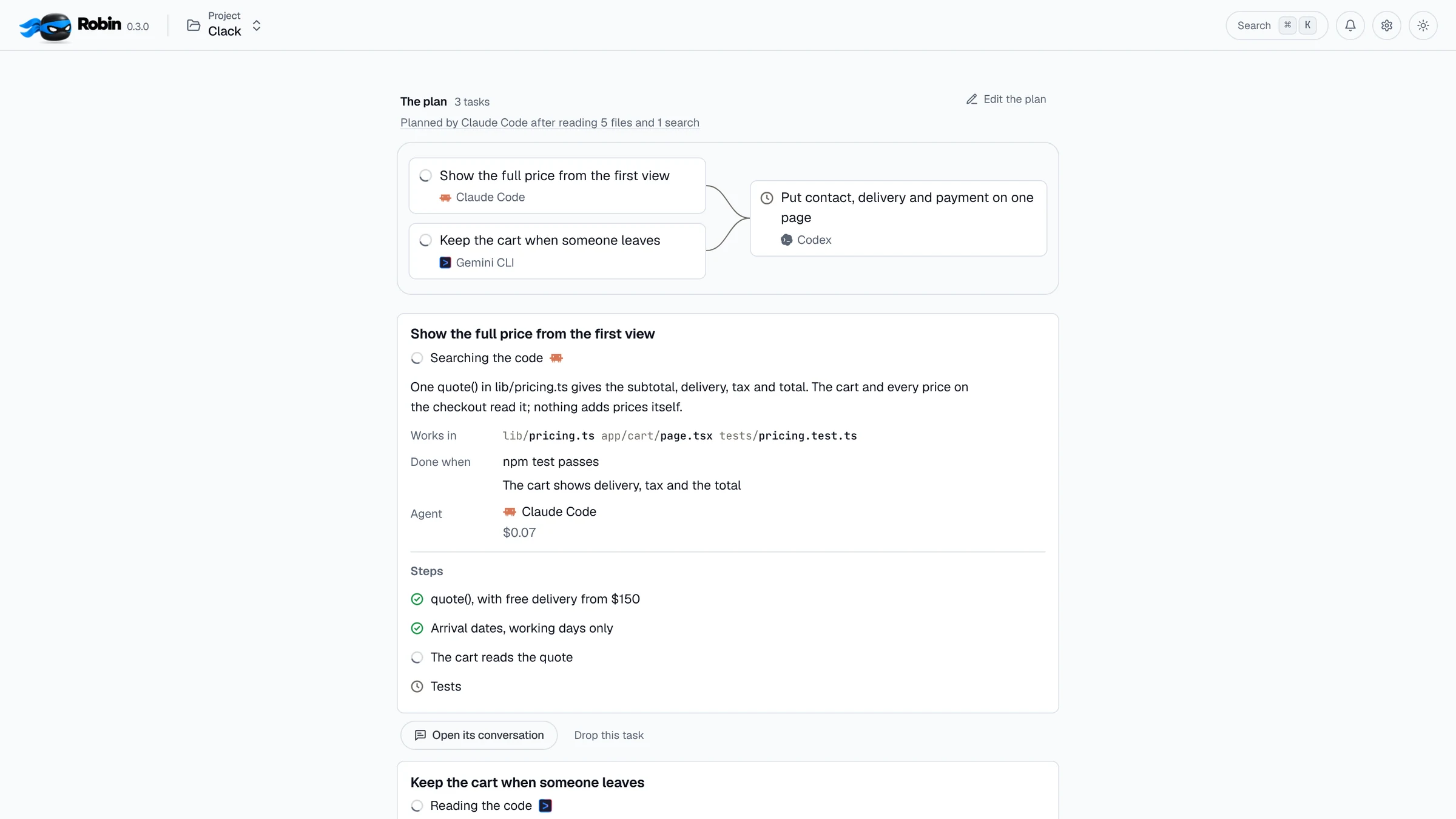 Checkout on one page at work: Claude Code and Gemini CLI on their tasks while Codex’s waits for them, and the first task reading the code, two of its steps done.